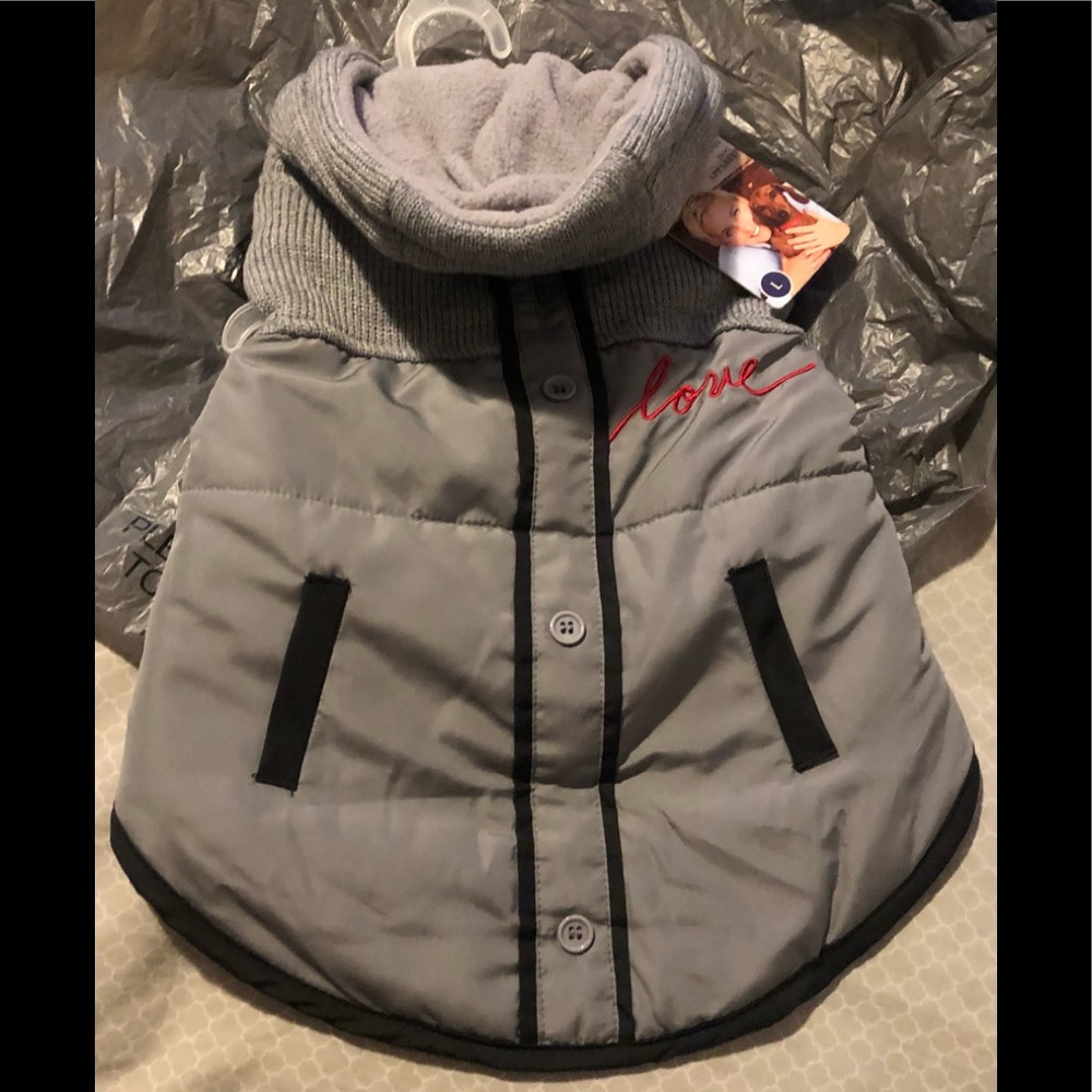 Gray, with Black and Red Winter Dog Jacket with Hood ~ NWT ~ Love Ellen